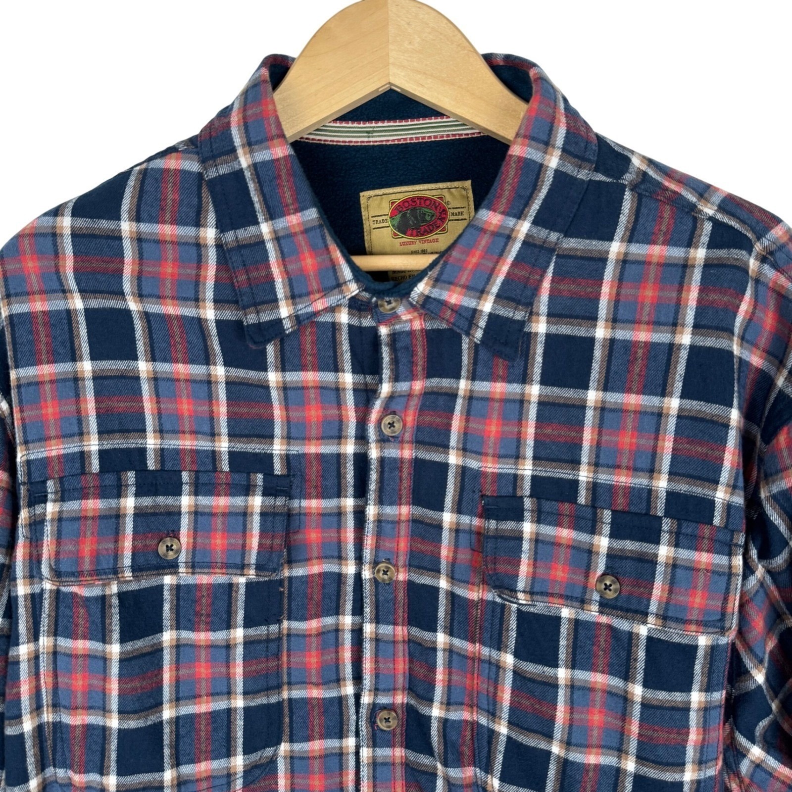 Boston Traders Mens Xxl Plaid Fleece Lined Flannel Shirt Jacket Navy Red 869450
